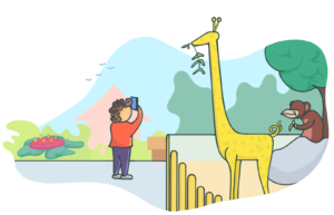 Cartoon image of a student taking a photo with their phone at the zoo.